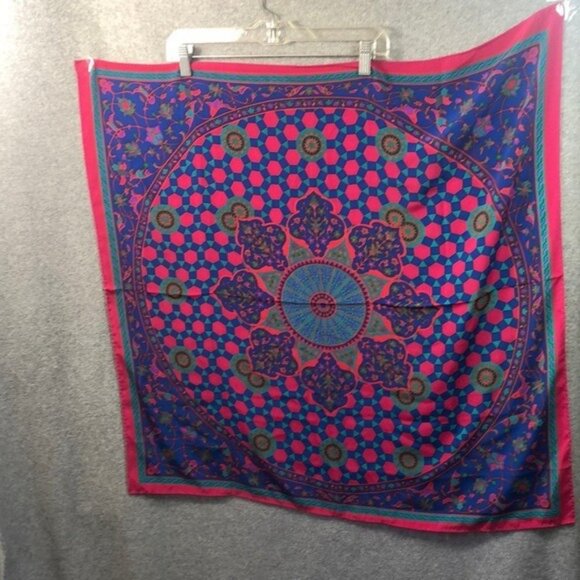 Large Silk Scarf Pink Blue Geometric Medallion Print Square Shawl Wrap - Picture 1 of 7